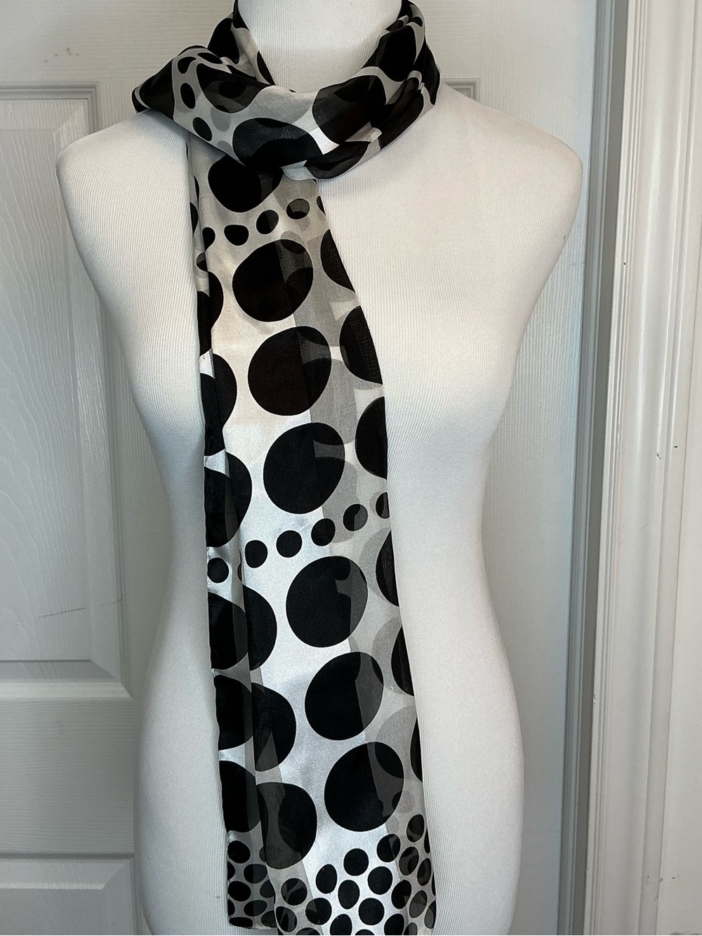 2041 - Black and White Polka Dot Silk Scarf - Picture 3 of 5